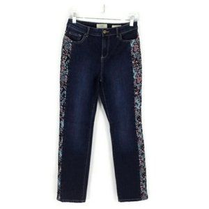LOGO Lori Goldstein Dark Blue Wash Black Floral Side Stripe Denim Jeans Womens 2